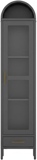 GarveeHome 73 in Tall Narrow Arched Bookcase, Metal Arched Storage Cabinet with Glass Door & Drawer, Modern Black Pantry Cabinet for Living Room, Kitchen, Office - Easy Assembly