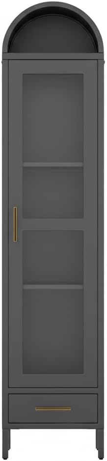 GarveeHome 73 in Tall Narrow Arched Bookcase, Metal Arched Storage Cabinet with Glass Door & Drawer, Modern Black Pantry Cabinet for Living Room, Kitchen, Office - Easy Assembly