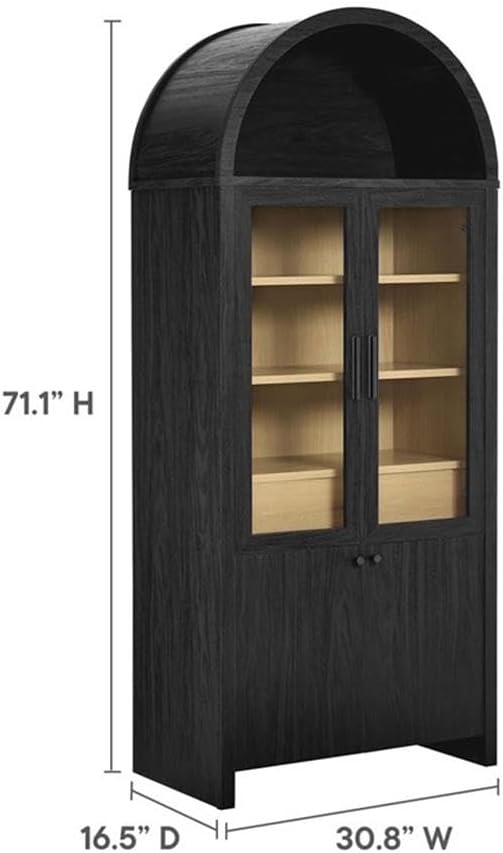 Modway Evie Arched Display Cabinet in Black Oak - Modern Tall Storage Cabinet with Shelves - Sophisticated Glass Door Bookcase - Elegant Living Room and Hallway Accent Cabinet
