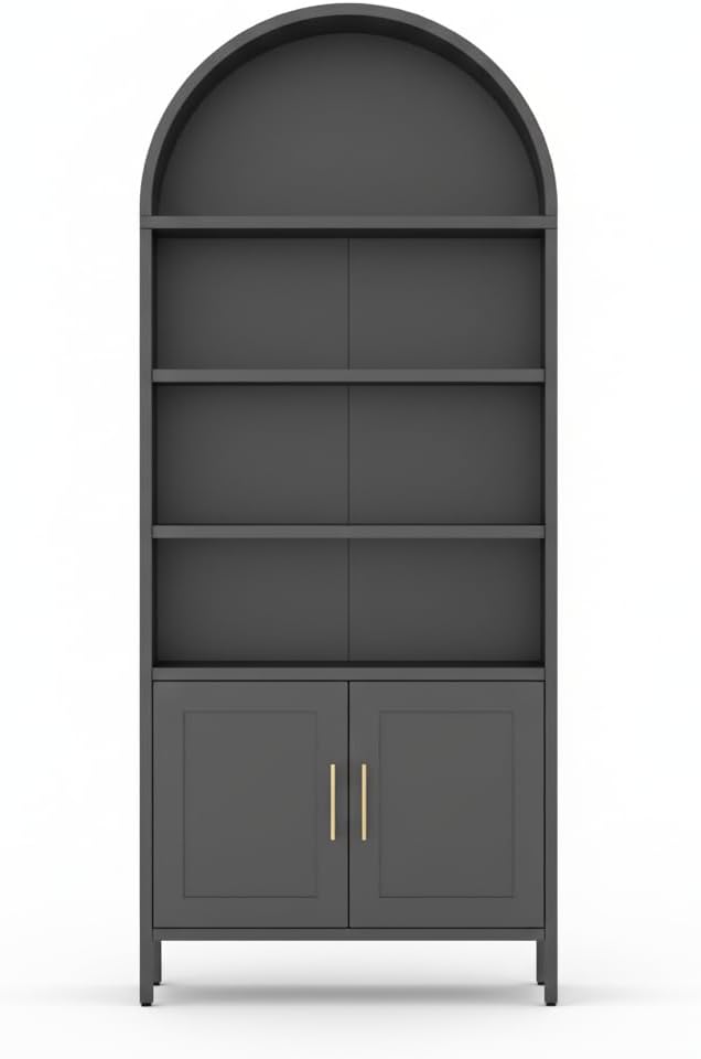GarveeHome 73 in Tall Metal Black Arched Cabinet, Modern Farmhouse 5-Tier Arched Display Bookshelf with Adjustable Shelves, Kitchen Pantry Cabinet for Living Room, Office - Easy Assembly