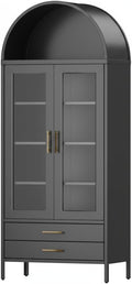 GarveeHome 73 in Tall Arched Cabinet with Glass Doors & 2 Storage Drawers, Modern Display Cabinet with 2 Adjustable Shelves, Kitchen Pantry Storage Cabinet for Living Dinning Room, Black