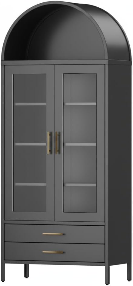 GarveeHome 73 in Tall Arched Cabinet with Glass Doors & 2 Storage Drawers, Modern Display Cabinet with 2 Adjustable Shelves, Kitchen Pantry Storage Cabinet for Living Dinning Room, Black
