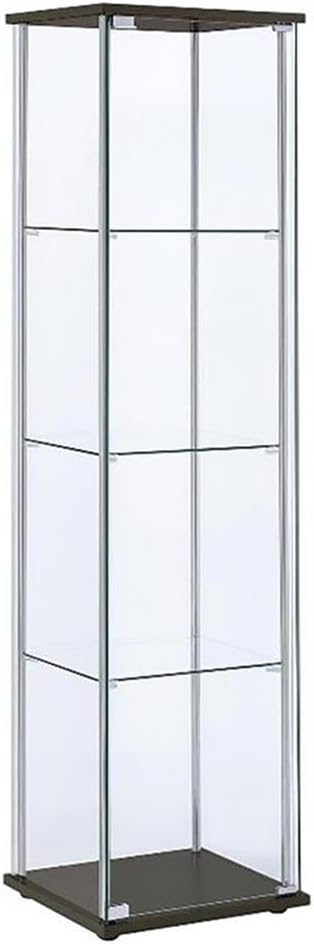 BOWERY HILL 4 Shelf Glass Display Case Cabinet with Chrome Support Beams and Cappuccino Brown Top/Base