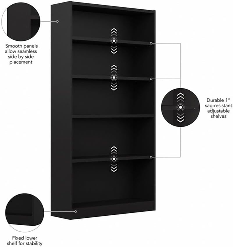 Bush Home Tall 5 Shelf Bookcase, 5 Tier Bookshelf Storage Cabinet with Adjustable Shelves for Living Room, Bedroom or Home Office, Universal Collection, Black