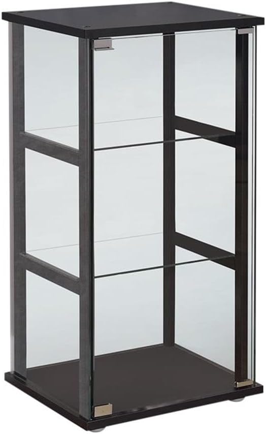 BOWERY HILL Contemporary 3 Shelf Glass Curio Cabinet, 33.5' H x 16.75' W x 14.25' D, Black Finish, Tempered Glass Shelves, Pine and Particle Board, Modern Display Cabinet for Home Décor
