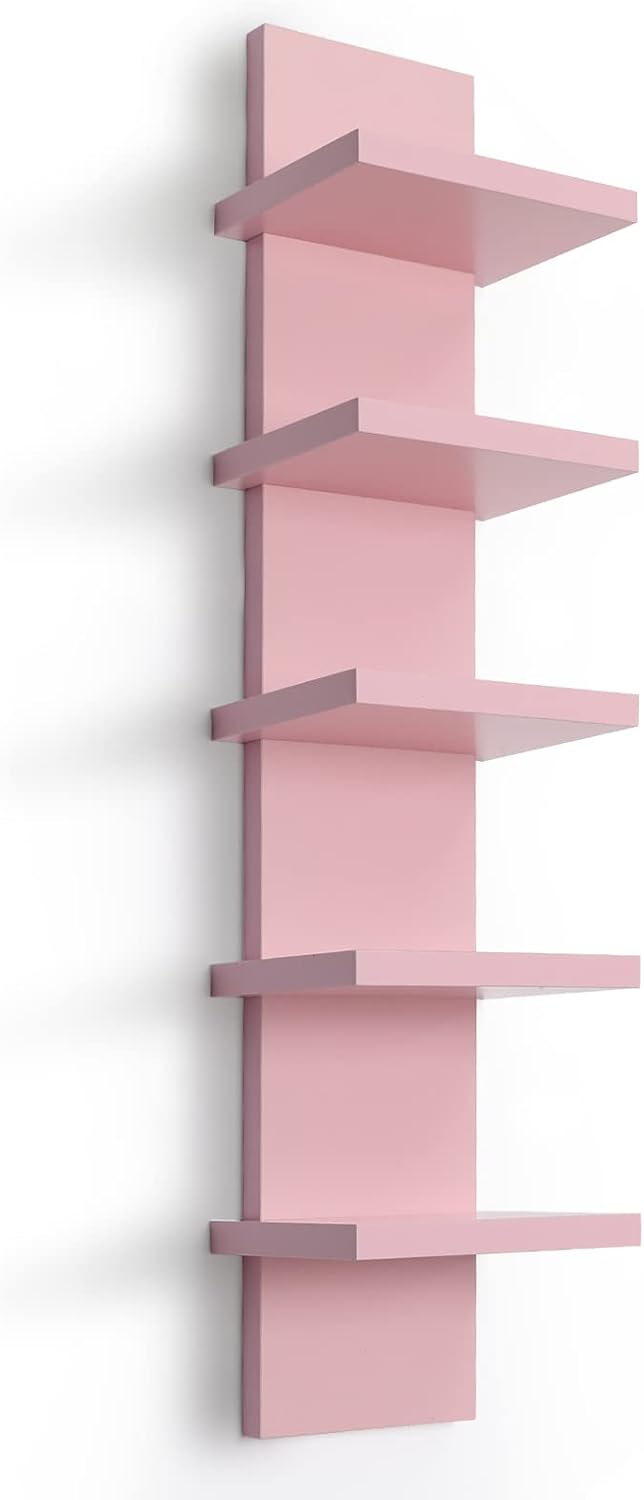 5 Tier Wall Shelves Pink, Vertical Column Shelf Floating Storage Home Decor Organizer Tall Tower Design Utility Shelving Bedroom Living Room, 30.7