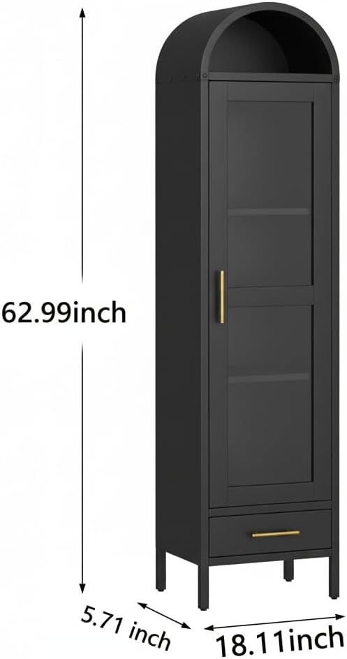 GarveeHome 73 in Tall Narrow Arched Bookcase, Metal Arched Storage Cabinet with Glass Door & Drawer, Modern Black Pantry Cabinet for Living Room, Kitchen, Office - Easy Assembly