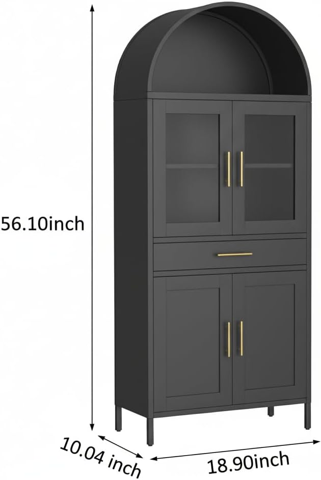 GarveeHome ﻿73'' Arched Cabinet with Glass Doors, Metal Kitchen Pantry with Storage Drawer & 2 Adjustable Shelves, Modern Display Bookcase for Living Room, Dining Room or Kitchen, Black