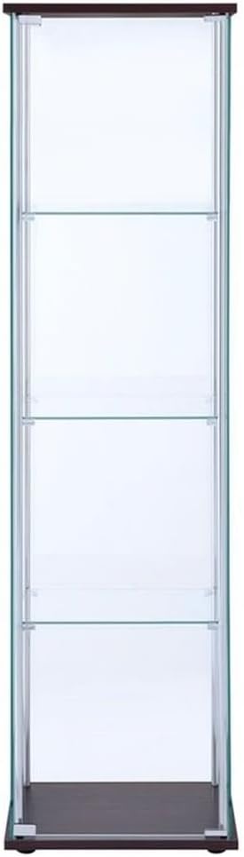 BOWERY HILL 4 Shelf Glass Display Case Cabinet with Chrome Support Beams and Cappuccino Brown Top/Base