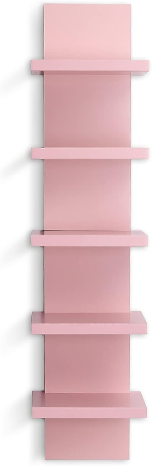 5 Tier Wall Shelves Pink, Vertical Column Shelf Floating Storage Home Decor Organizer Tall Tower Design Utility Shelving Bedroom Living Room, 30.7