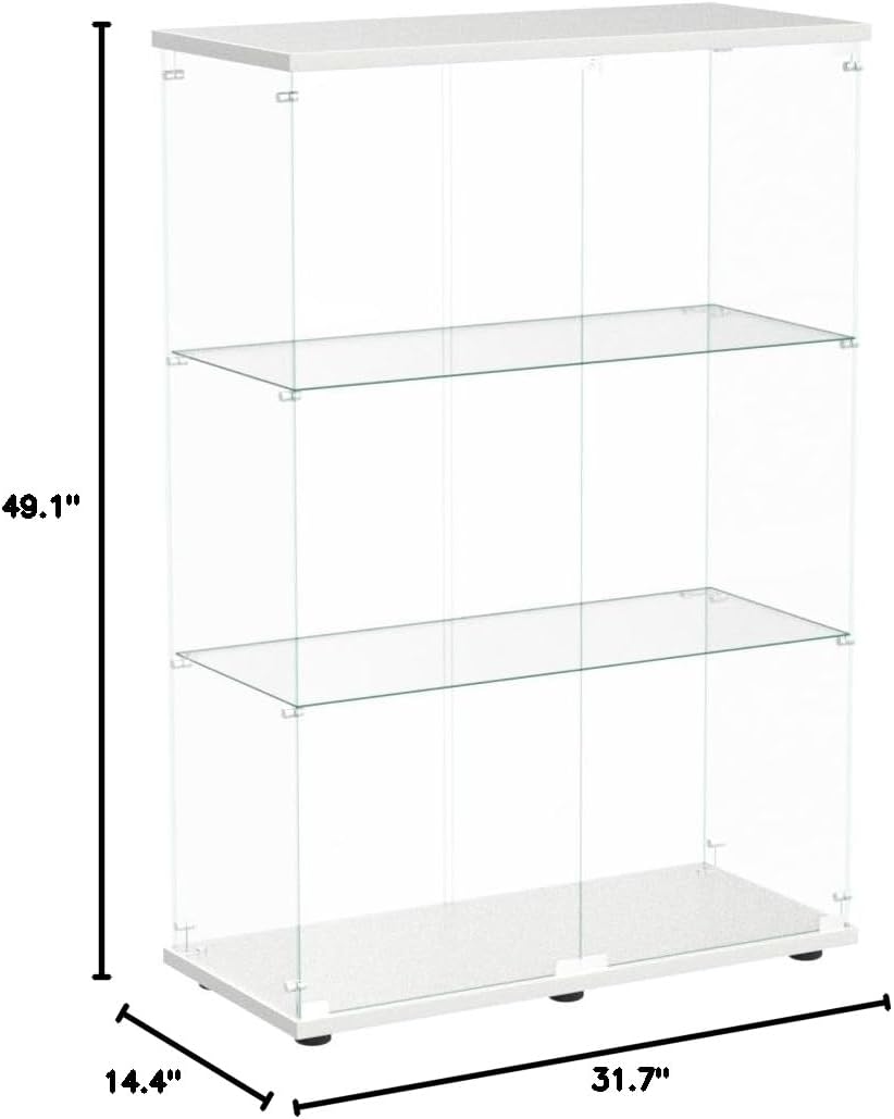 Beauty4U 2-Door Glass Display Cabinet, White Curio Cabinets for Living Room, Bedroom, Office, Collection Display, Quick Installation in 30 Mins, 3 Shelves White Floor Standing Glass Bookshelf