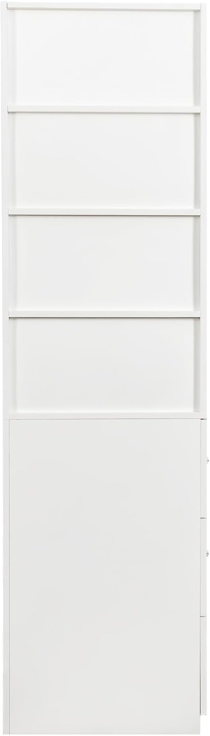 JOSHEN 71' Modern Wooden Melamine Finish Showcase Cabinet, Lego Display Case with 4-Tier Shelves, Lego Display Shelves with 3 Side Drawers for Living Rooms, Home Offices, Kitchens, White