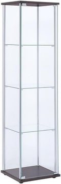 BOWERY HILL 4 Shelf Glass Display Case Cabinet with Chrome Support Beams and Cappuccino Brown Top/Base