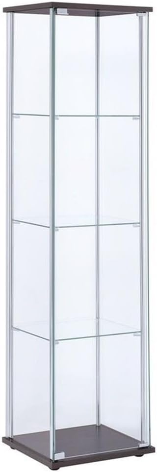 BOWERY HILL 4 Shelf Glass Display Case Cabinet with Chrome Support Beams and Cappuccino Brown Top/Base