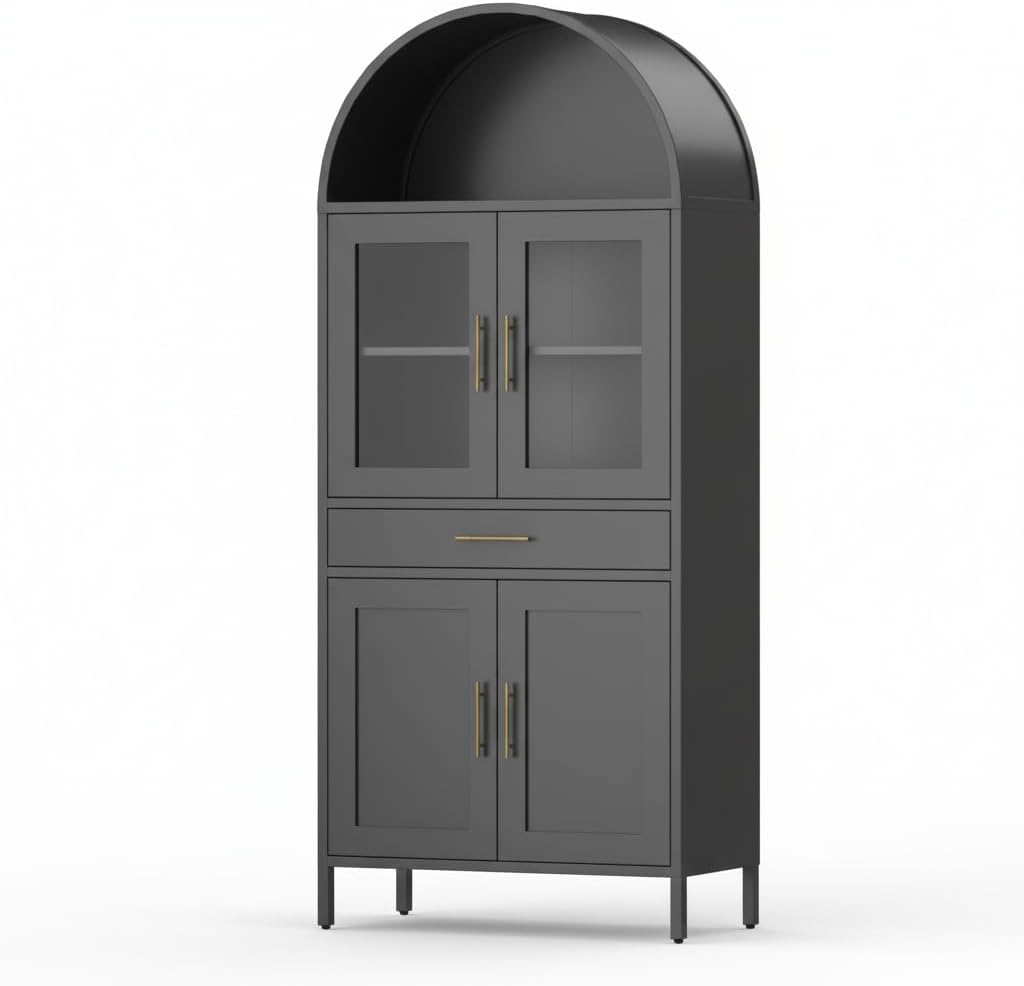 GarveeHome ﻿73'' Arched Cabinet with Glass Doors, Metal Kitchen Pantry with Storage Drawer & 2 Adjustable Shelves, Modern Display Bookcase for Living Room, Dining Room or Kitchen, Black