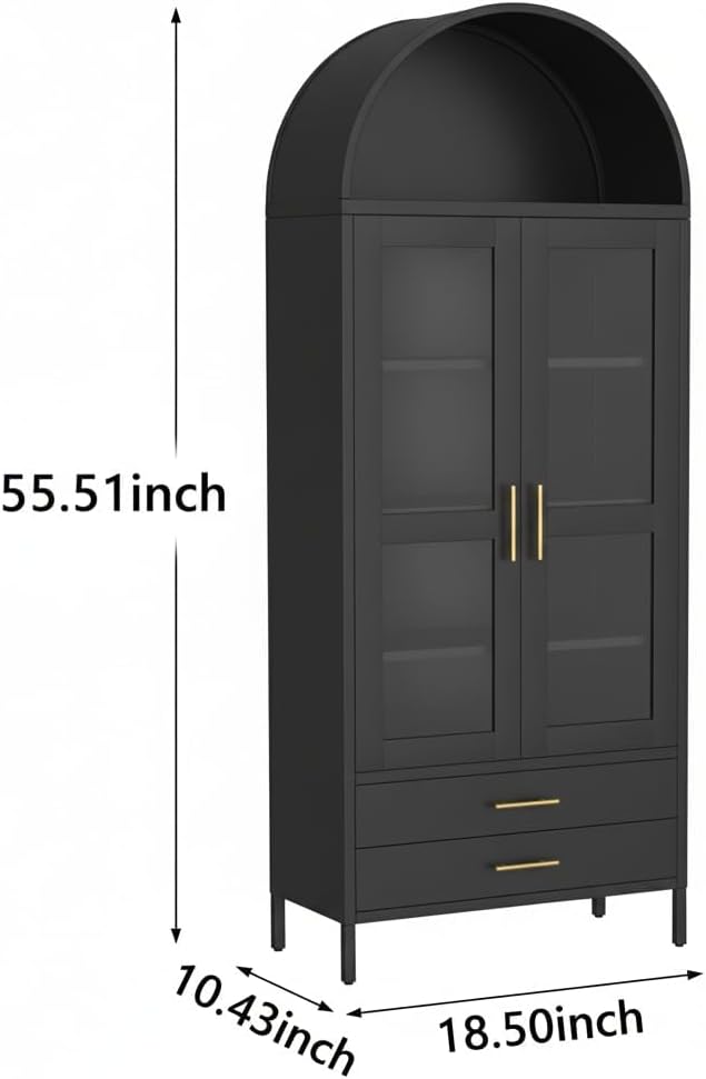 GarveeHome 73 in Tall Arched Cabinet with Glass Doors & 2 Storage Drawers, Modern Display Cabinet with 2 Adjustable Shelves, Kitchen Pantry Storage Cabinet for Living Dinning Room, Black