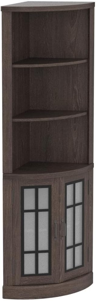 AMERLIFE Curved Corner Storage Cabinet, 65' Tall Freestanding Bookcase with Glass Doors & Adjustable Shelves, 5-Tier Corner Display Cabinet for Living Room, Bathroom, Laundry Room, Espresso