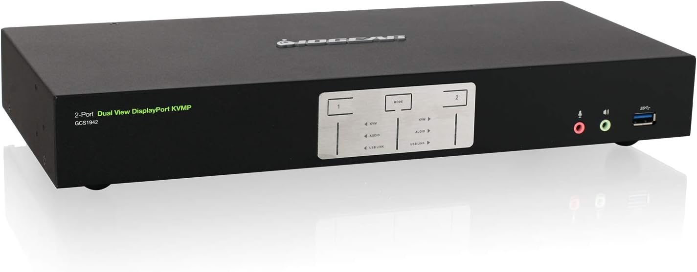 IOGEAR 2-Port Dual View DisplayPort KVMP Switch - 4K 60Hz - 2 DisplayPort In Per Channel - 2-Port USB 3.1 Hub 5Gbps - Keyboard Mouse Input - 7.1 HD Audio - Front Panel Selector - TAA Mac/Win - GCS1942