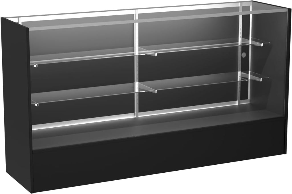 WISDOMFUR Full Vision Display Cabinet – 72' Glass Showcase with LED Light, Adjustable Shelves, Locking Sliding Doors – Retail Display Counter with Black Wood Base
