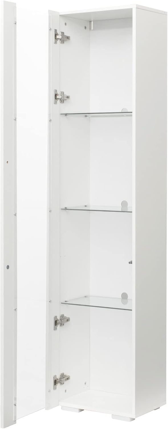 67' LED Display Cabinet with 4 Glass Shelves & 1 Door, Modern Curio Cabinet Collection Display Case Storage Cabinet, High Gloss Floor Standing Bookshelf for Living Room Bedroom Office (White)