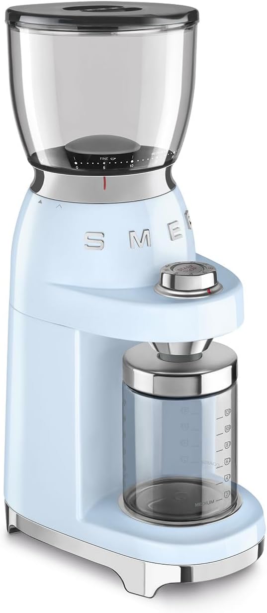 SMEG CGF11 Retro-Style Coffee Grinder – Burr Mill with 30 Grind Settings, Stainless Steel Conical Burrs, Removable Hopper – Precision Countertop Grinder for Espresso, Drip, French Press-Pastel Blue