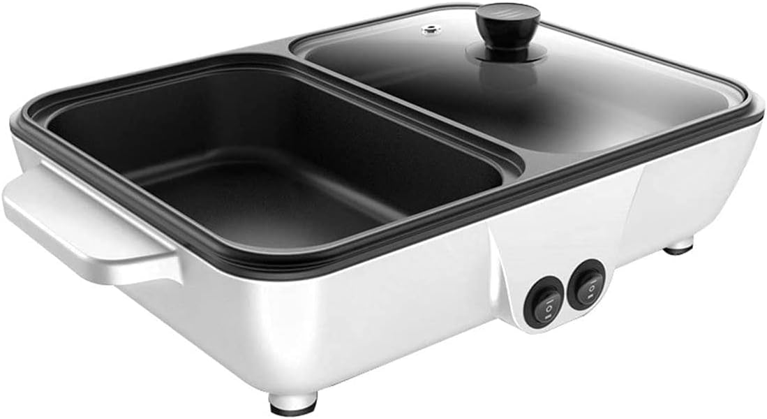 BBQ Smokeless Grill Non-stick Electric Griddle 2-in-1 Indoor Grill Pot Small Multifunctional Electric Cooker Smokeless BBQ Grill Shabu Pot Cooking Pot Temperature Control White 30x22x8.5cm (Color : W