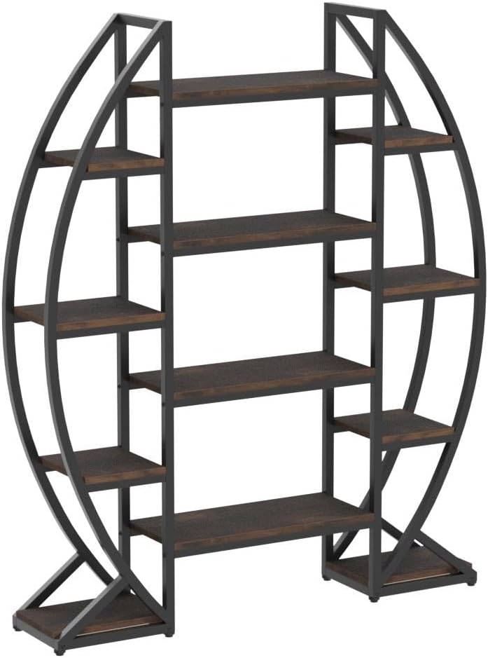 Tribesigns Oval Bookshelf, Triple Wide 5 Tier Etagere Bookcase, Industrial Display Shelves for Living Room (Brown, 55')