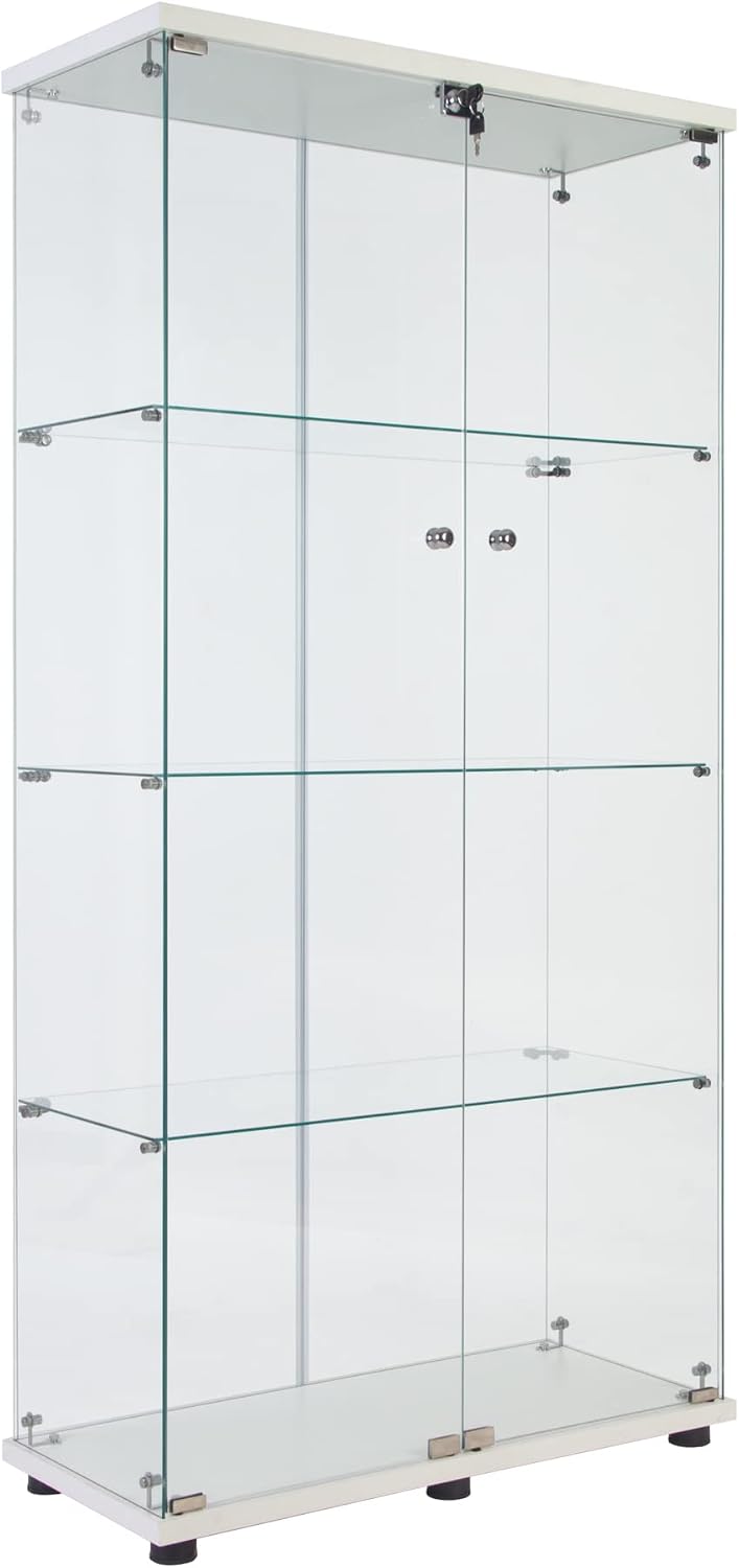 Modern 4-Tier Shelf Glass Curio Collection Display Case Cabinet with 2 Door in Clear, Showcase with Lock for Collectibles, Trophy, Action Figure 31' W x 14.3' D x 64.5' H