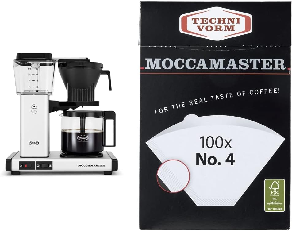 Technivorm Moccamaster 53930 KBGV 10-Cup Coffee Maker Matte Silver, 40 oz, 10 Cup, 1.25 L & #4 White Paper Filters, 100-count per box