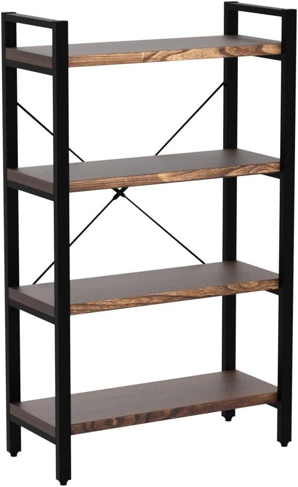 WH-AOERPUMY Solid Wood Bookshelf,4 Tier Rustic Vintage Industrial Etagere Bookcase, Open Metal and Wood Vintage Book Shelf, Retro Brown (RealWood)(4-Tier)