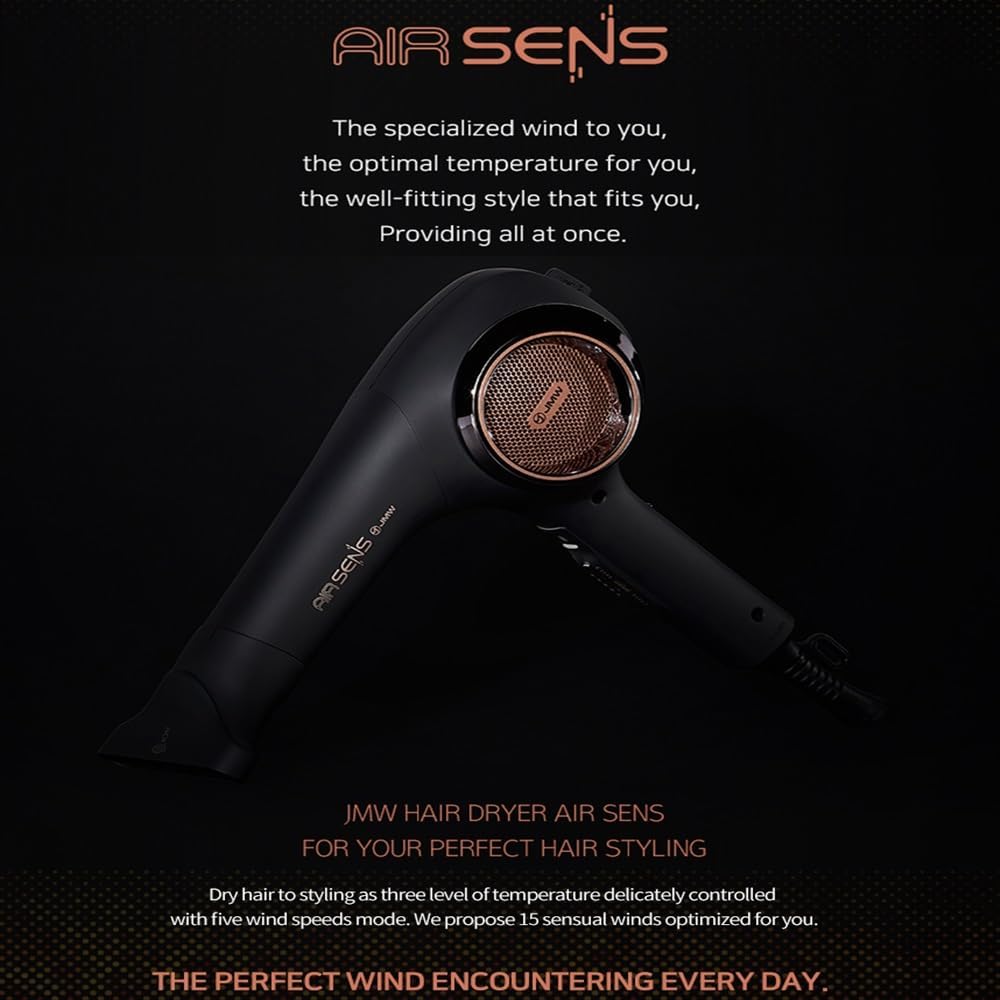 JMW Korean Professional Salon Hair Dryer AIR Sense I 15 Winds-3 Heat X 5 Speed Mix, 2 Nozzles & Dryer Stand, Upgrade BLDC Motor, 100% Cool Shot, Smart Memory, Fast Drying, Quiet and Long-Lasting