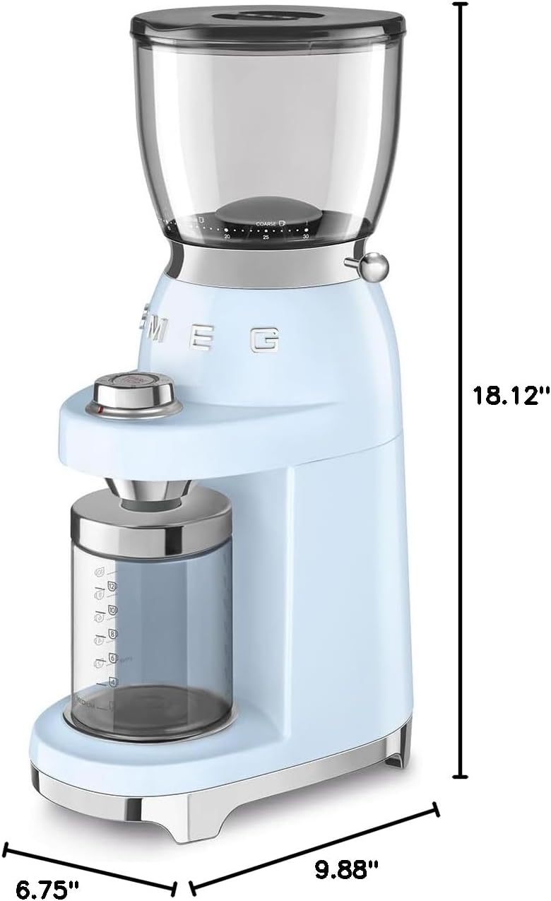 SMEG CGF11 Retro-Style Coffee Grinder – Burr Mill with 30 Grind Settings, Stainless Steel Conical Burrs, Removable Hopper – Precision Countertop Grinder for Espresso, Drip, French Press-Pastel Blue