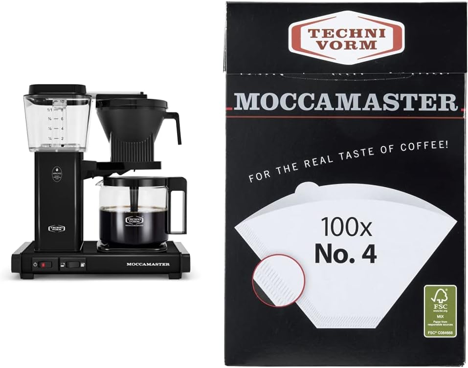Technivorm Moccamaster 53937 KBGV 10-Cup Coffee Maker Black, 40 Ounce, 1.25l & #4 White Paper Filters, 100-count per box