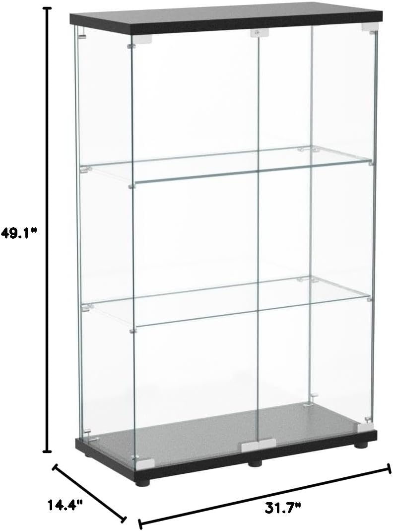 Beauty4U 2 Doors Glass Display Cabinet with 3 Shelves, Curio Cabinets for Living Room, Bedroom, Office, Black Floor Standing Glass Bookshelf, Quick Installation