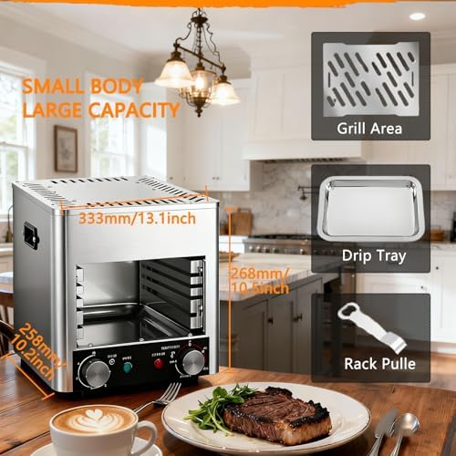 1700W Smokeless Indoor Grill - Stainless Steel Electric Steak Broiler with 10-Tier Adjustable Rack & 10 Grilling Slots - Versatile Countertop BBQ Oven for Family Cooking