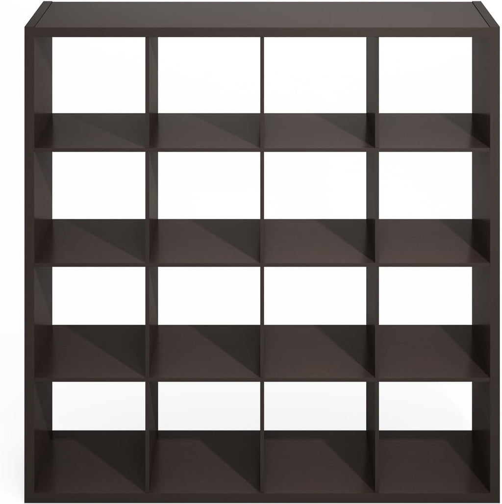 Furinno Simple Cube Storage Organizer, 16-Cube Display Shelf, Open Back Shelving Unit, Storage Shelves, Extra Thick Frame, for Organization and Storage, Living Room, Home Office, Dark Oak