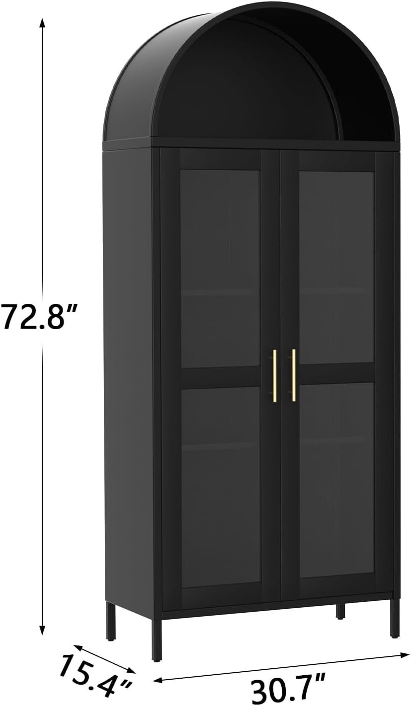 GarveeHome 73' Tall Arched Cabinet with Glass Doors & Adjustable Shelves，Modern Farmhouse Pantry Storage, Display Bookshelf for Kitchen/Dining/Living Room – Freestanding Organizer, Black