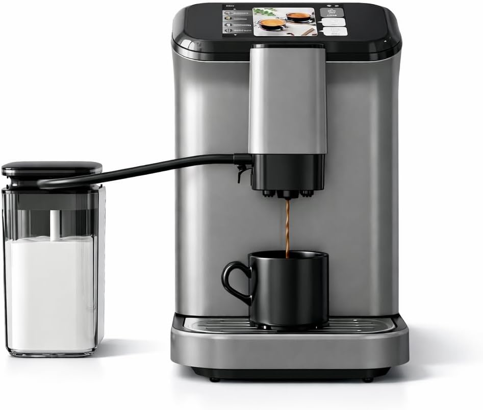 Espresso Machine, Built-in Grinder Coffee Maker with TFT Color Screen, Automatic Milk Frother Coffee Machine, 20 Bar Pump + 15 Grind Settings, 1.5L Water Tank + Auto Rinse, 120V 1350W, Star Gray