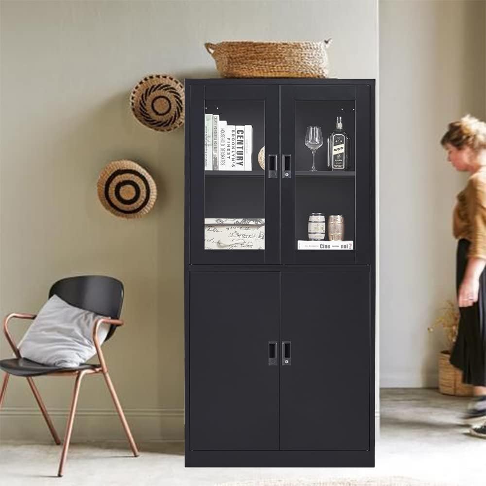 SISESOL Display Cabinet with Glass Doors and Lock,Black Metal Storage Cabinet,Freestanding Locking Kitchen Pantry Cabinets with Doors and Shelves for Home Office,Pantry,Kitchen Bathroom