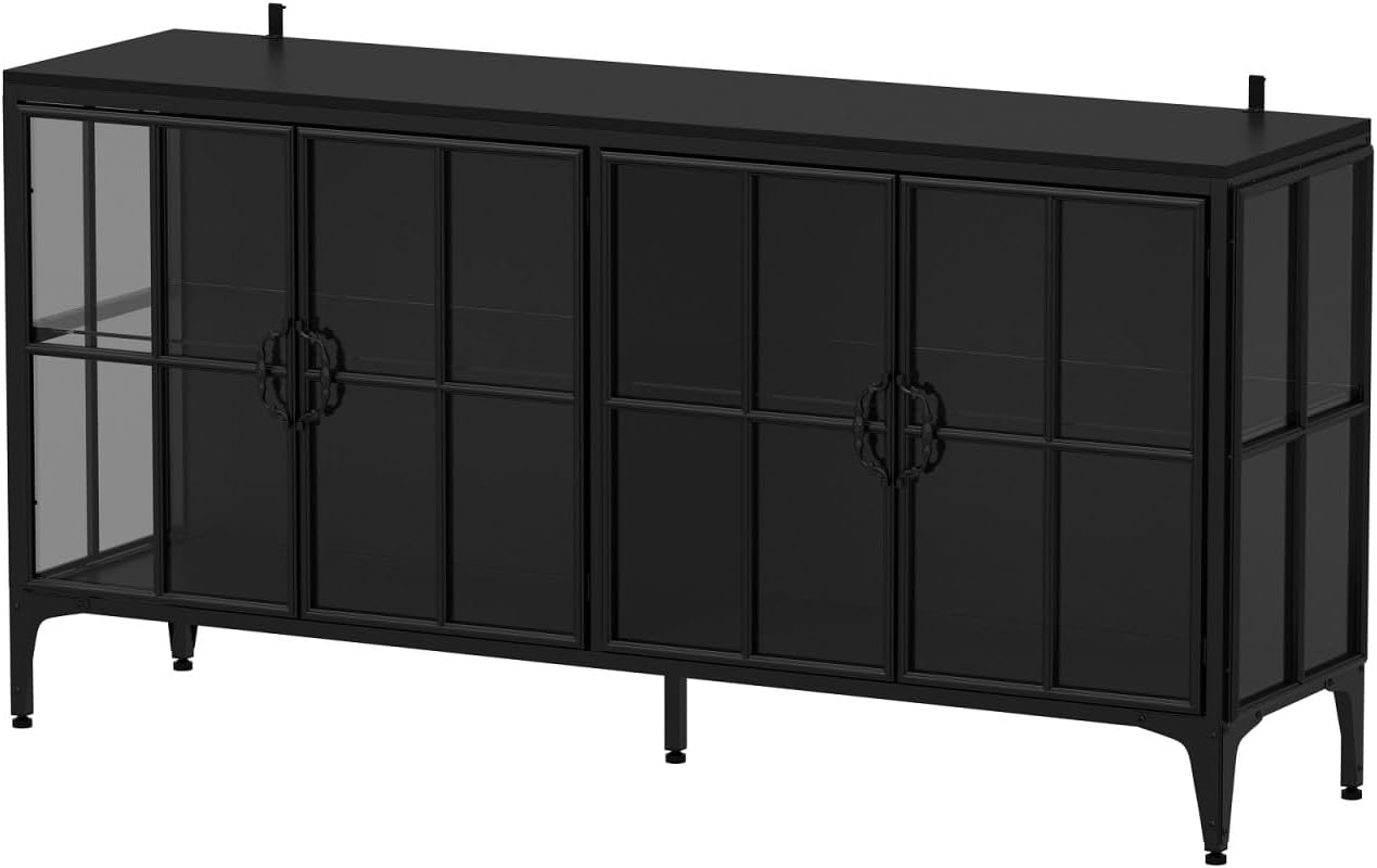 Display Cabinet with Glass Doors & LED Lights, Modern Sideboard Buffet with Glass Shelves, Metal Frame, for Living Room, Black, 63'W x 15.7'D x 31.5'H