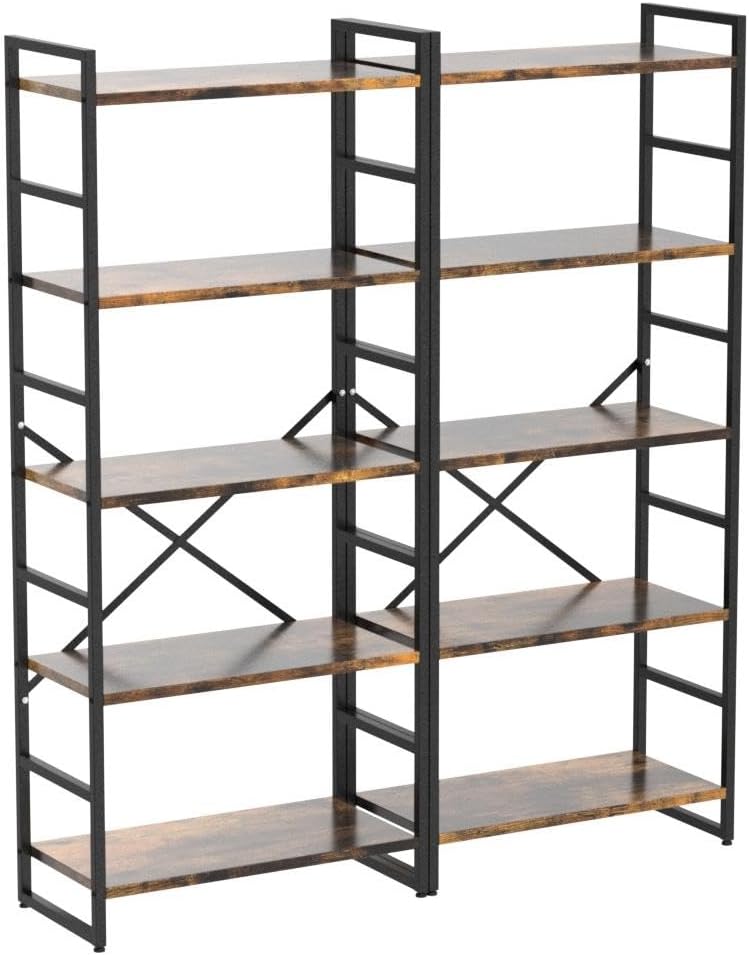 Shintenchi 2 Pieces 5 Tiers Bookshelf, Classically Tall Bookcase Shelf, Industrial Book Rack, Modern Book Holder in Bedroom/Living Room/Home/Office, Storage Rack Shelves for Books/Movies-Rustic Brown