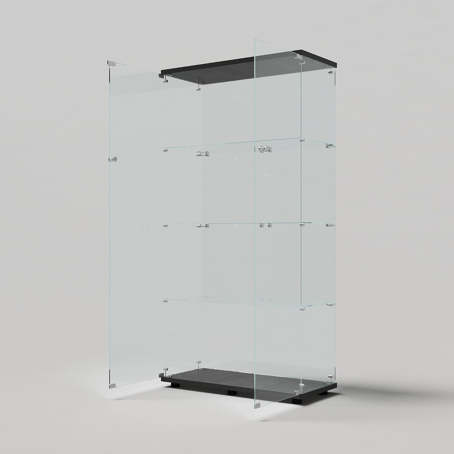 4-Tier Double Doors Glass Display Cabinet with Lights and Lock, 64.7' High Modern Curio Display Cabinet Sturdy Tempered Glass Collection Display Showcase with 4 Shelves for Living Room,Bedroom,Black