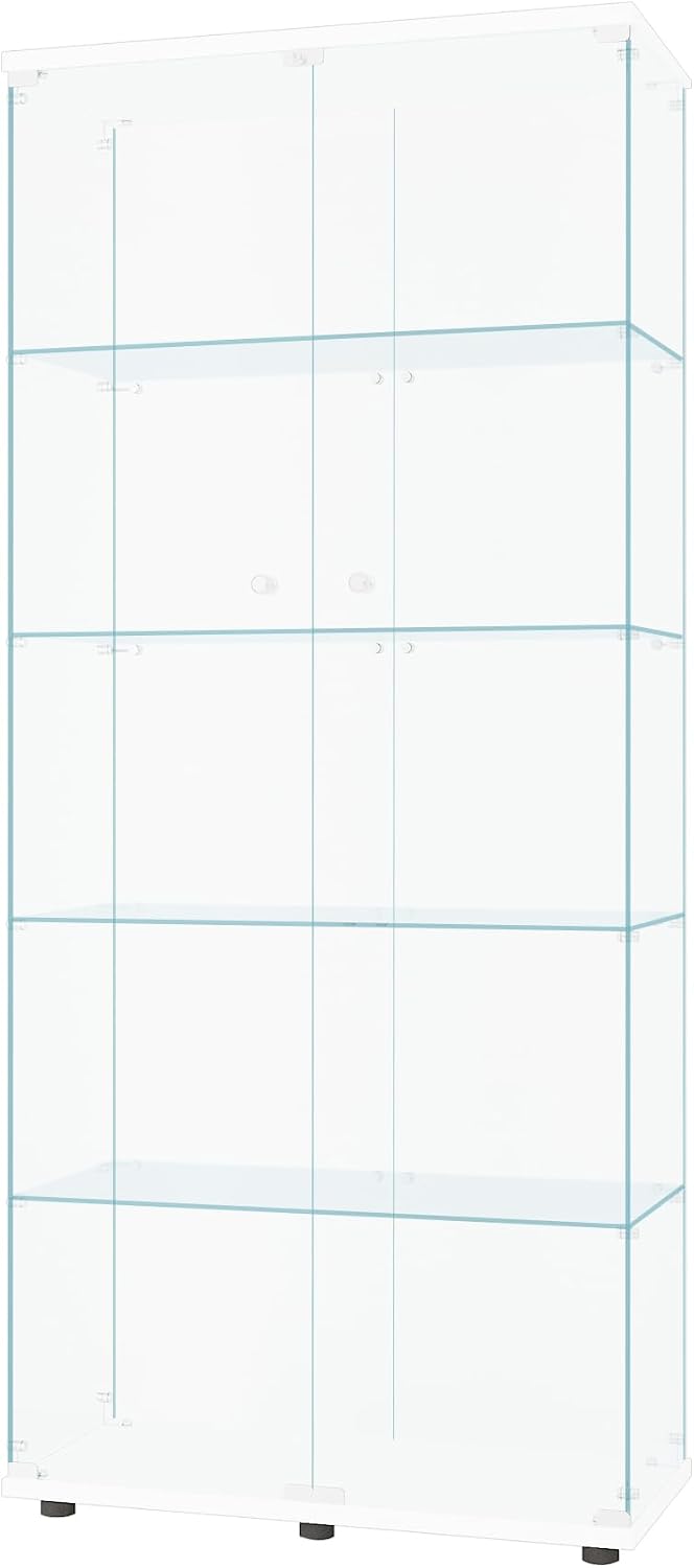 Beauty4U Glass Display Cabinet with 5 Shelves, Curio Cabinets for Living Room, Bedroom, Office, White Floor Standing Glass Bookshelf, Quick Installation