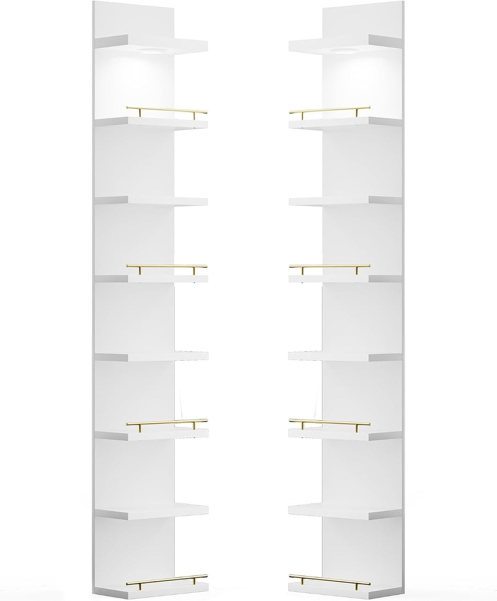 REIBII 8 Tier Wall Shelf Unit, 2-Pack White Floating Shelves with LED Light, Multi-Functional Versatile Shelves for Dressing Room Bedroom Living Room Office