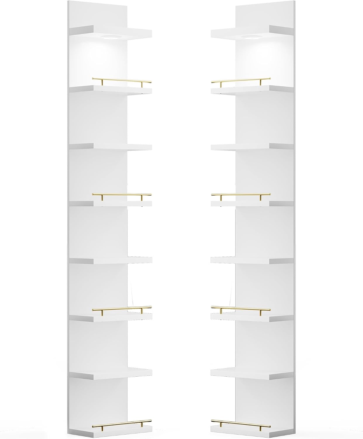REIBII 8 Tier Wall Shelf Unit, 2-Pack White Floating Shelves with LED Light, Multi-Functional Versatile Shelves for Dressing Room Bedroom Living Room Office