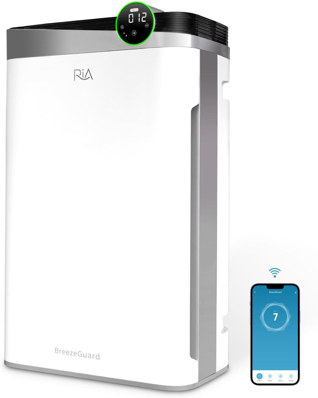 RIA BreezeGuard 2-in-1 Smart HEPA Air Purifier and Humidifier Combo for Large Rooms up to 2500 Sq Ft – App Control, Evaporative Humidifier, PM2.5 Sensor, for Home, Bedroom, Pet, Allergies, Smoke, Dust