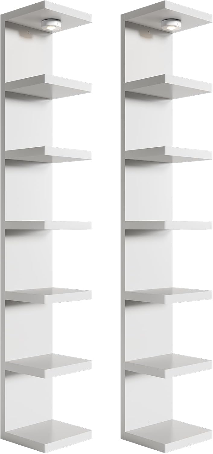 2 Pack-7 Tier Vertical Wall Shelf Unit with USB Rechargeable LED Light (Remote Controlled),Floating Lack Shelf,Versatile Display Shelves for Home Storage, Decor,Vanity-White