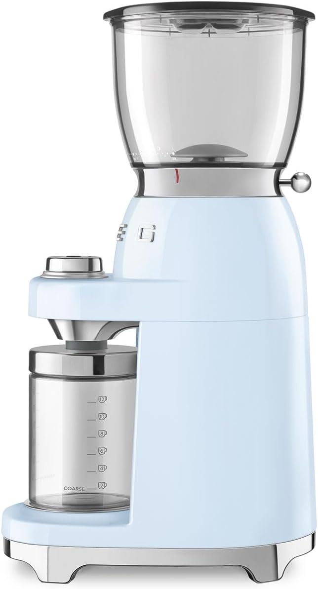 SMEG CGF11 Retro-Style Coffee Grinder – Burr Mill with 30 Grind Settings, Stainless Steel Conical Burrs, Removable Hopper – Precision Countertop Grinder for Espresso, Drip, French Press-Pastel Blue