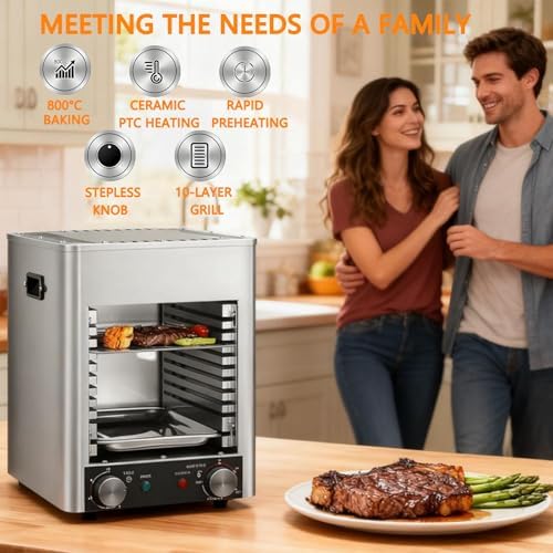 1700W Electric Steak Broiler - Smokeless Indoor Grill with Adjustable 10-Tier Rack & 10 Slots - Versatile Stainless Steel BBQ Oven for Family Cooking, Indoor BBQ, and Perfect Steaks