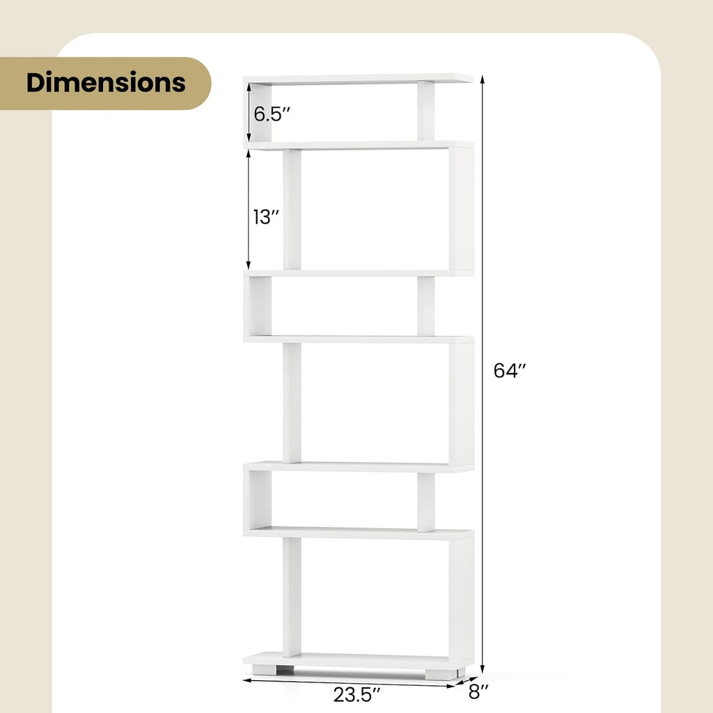 Giantex 6-Tier Geometric Bookcase Set of 2, 64' Tall S-Shaped Bookshelf w/Anti-Tipping Kit, Wood Freestanding Decorative Storage Display Shelves for Living Room, Bedroom & Home Office, White